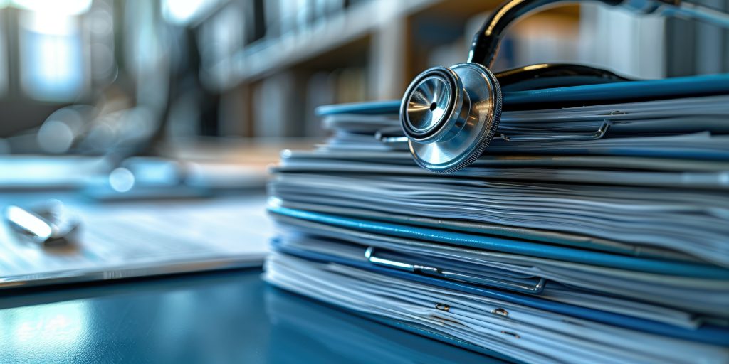 Stethoscope Resting on a Neat Stack of Medical Files in Office