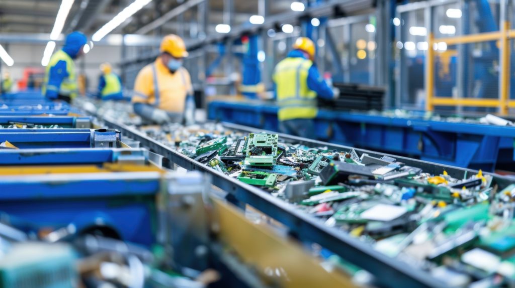 Recycling Plant Workers Sorting Electronics on Conveyor Belt. Workers in protective gear process and categorize electronic waste.