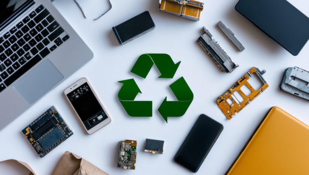 A Flat Lay of Broken Electronic Devices with a Green Recycling Symbol