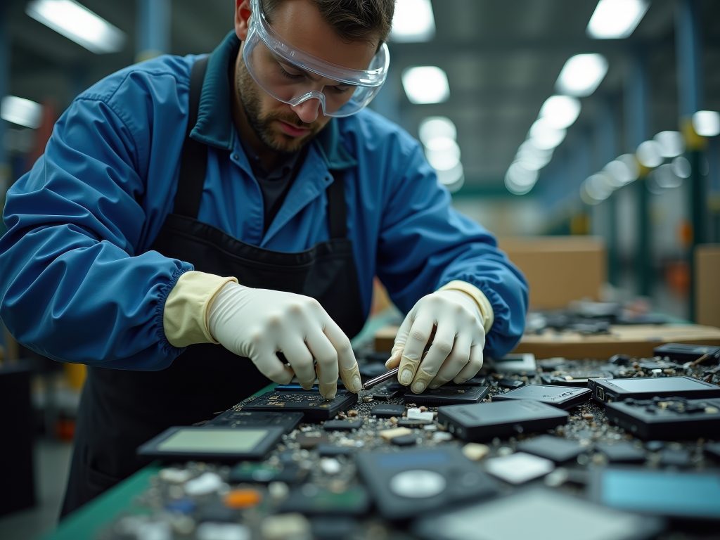 Expert technician performs high-tech recycling of electronic components in a modern facility focused on sustainability and environmental responsibility (ITAD)