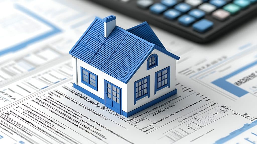 A miniature house model on financial documents and a calculator, symbolizing real estate.