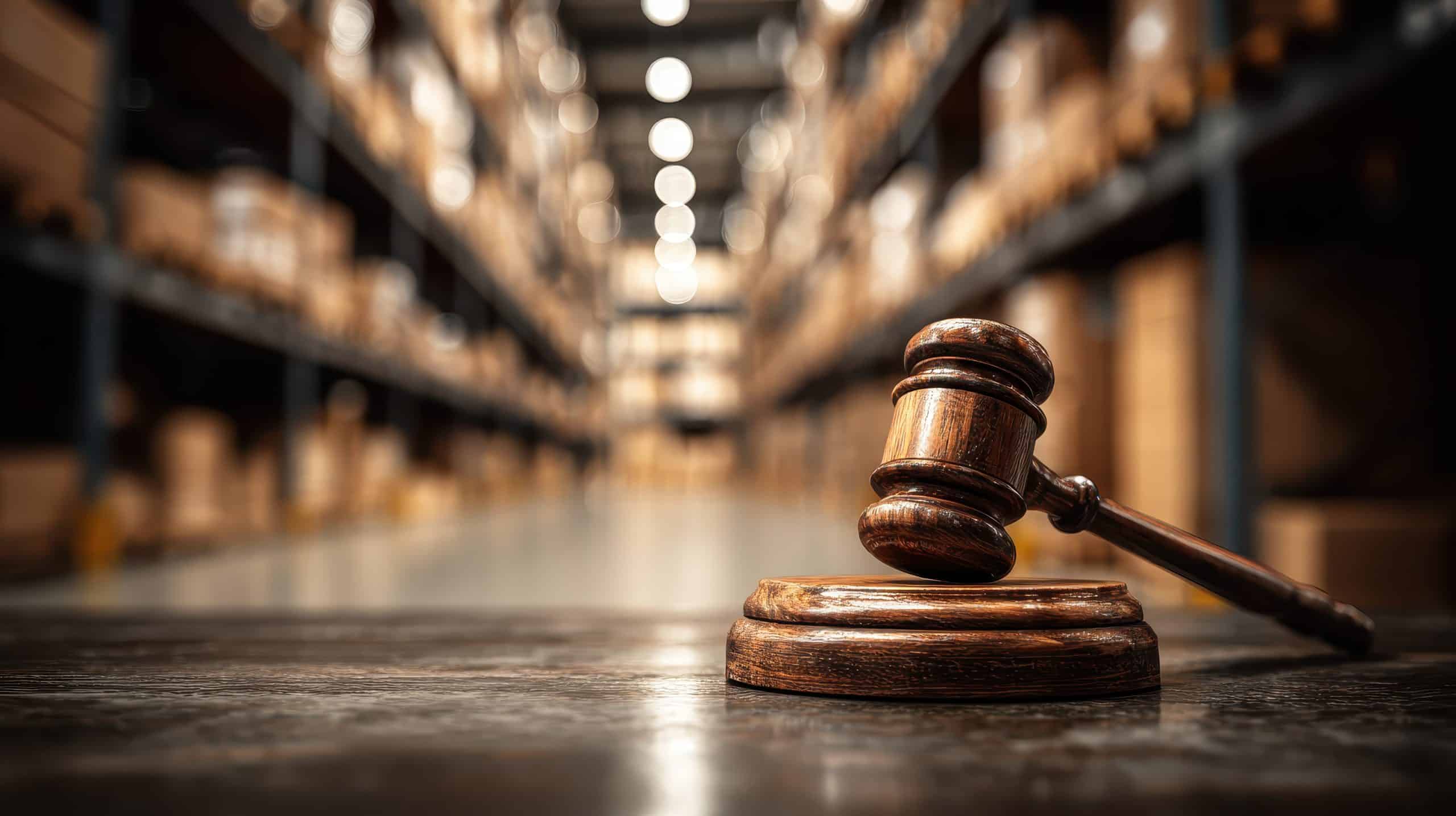 Wooden gavel in a warehouse, boxes blur in the background. Use for illustrating supply chain issues or legal cases.