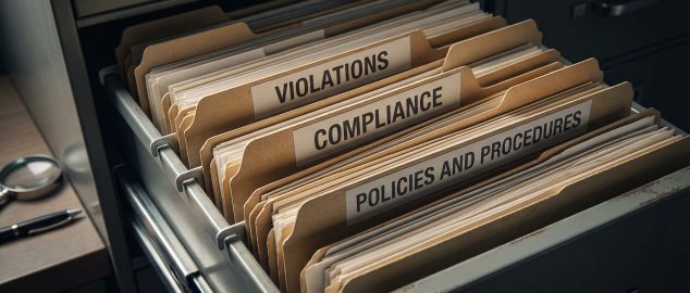 Compliance policies procedures violations folders filing cabinet. Business legal document organization audit regulation wooden desk magnifier pen.