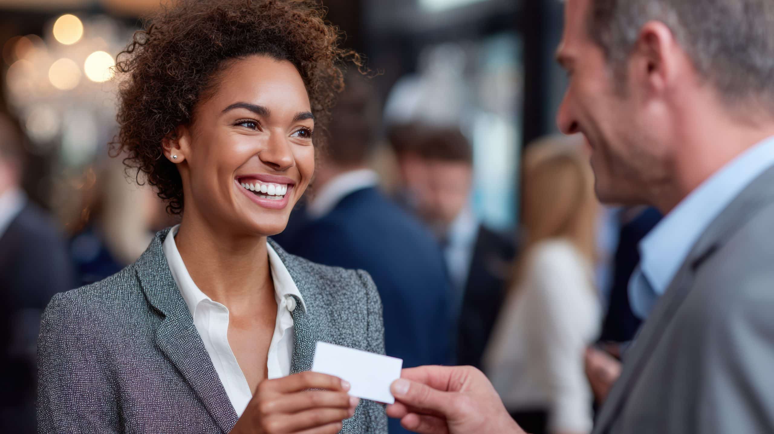 A smiling woman exchanges business cards at a networking event, showcasing professionalism and connection.
