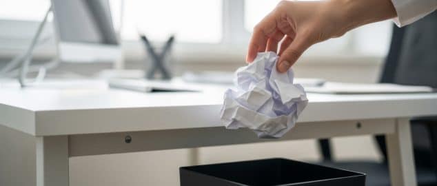 Hand throwing a crumpled piece of paper into a trash bin in an office setting