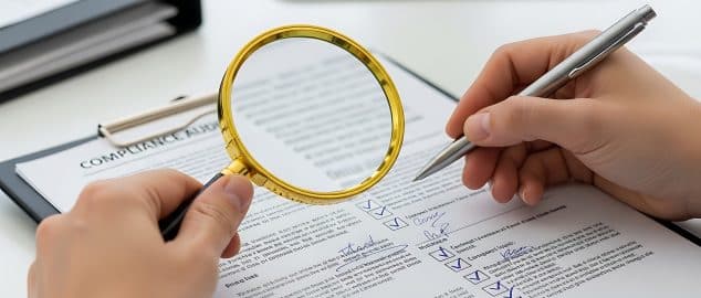 Person using magnifying glass and writing pen to review business document on clipboard for corporate compliance management, professional auditing, regulatory legal oversight, and quality control.